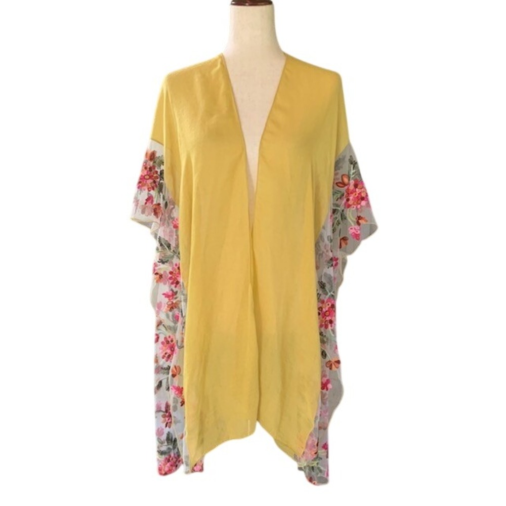 Yellow Floral Embroidered Kimono One Size Sheer Boho Hippie Festival Beach